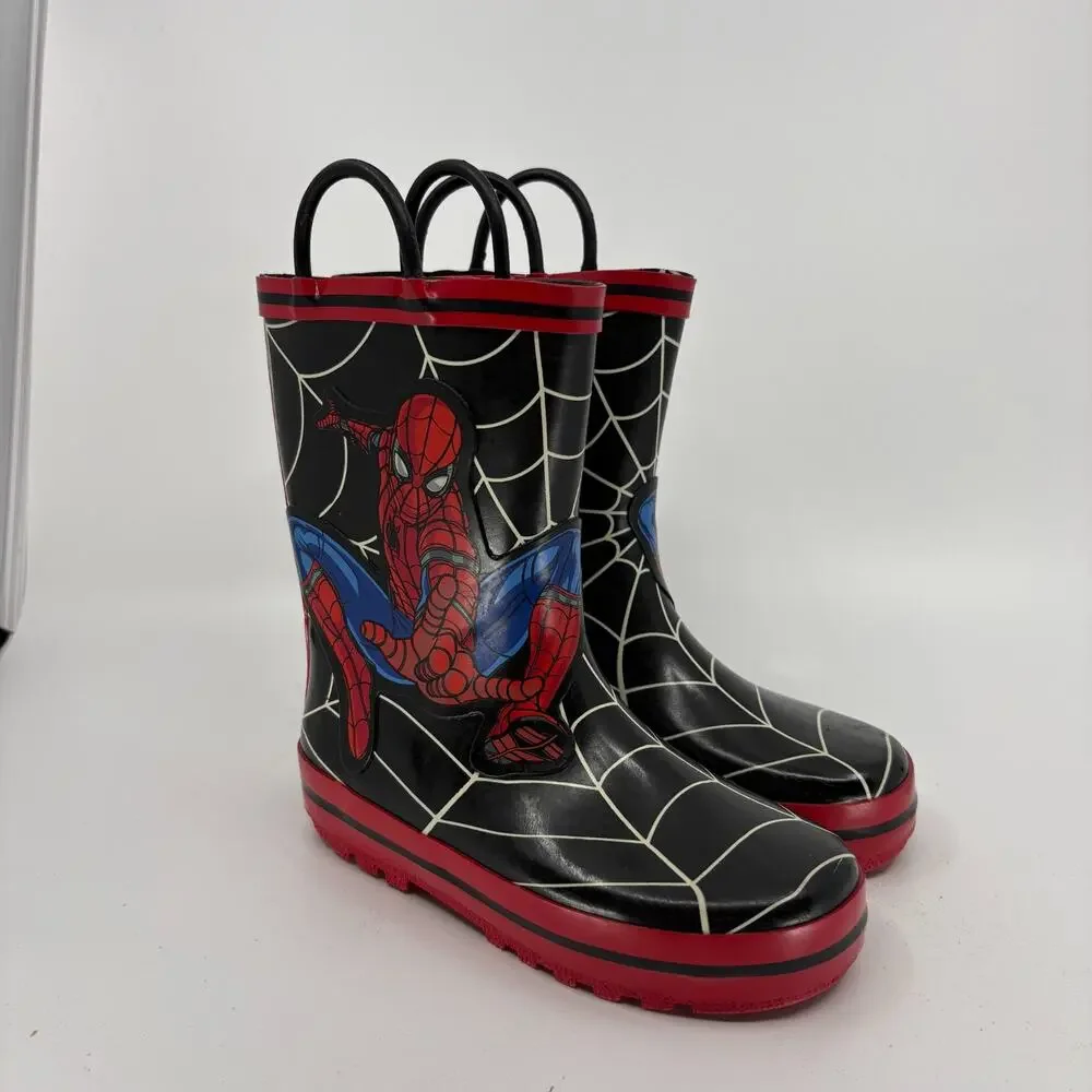 Marvel Spider-Man Kids Rain Boots Size 11 Black Red Rubber Pull Handle Wellies